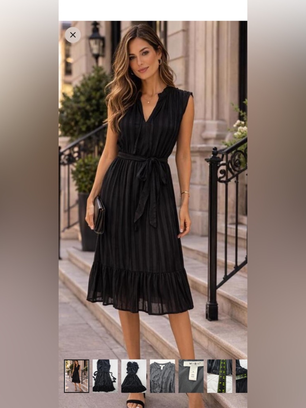 White House Black Market Black Sheer Stripe Tie Waist Midi Dress Size Medium
